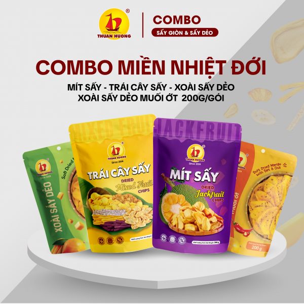 Combo 4 vị Mít sấy, Trái cây sấy, Xoài sấy dẻo, Xoài sấy dẻo muối ớt